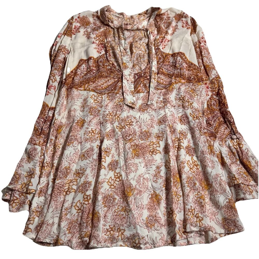 Free People Boho Paisley Tunic Top Womens Small Long Sleeve Tie Neck Babydoll - Picture 2 of 7